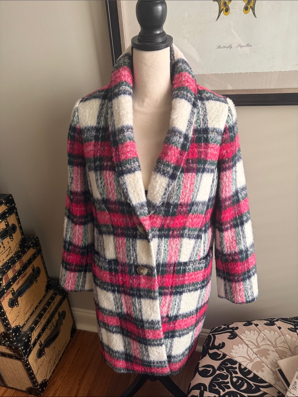 Women's Red Plaid Bouclé Pea Coat with Shawl Collar